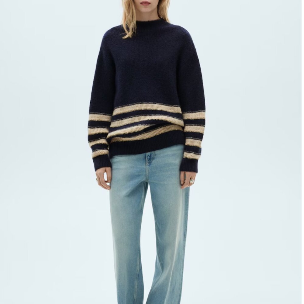 Mango Striped Mock Neck Sweater NWT Parisian Chic Knit Pullover Small